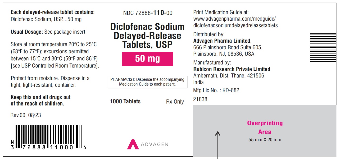 Diclofenac Sodium DR Tablets 50mg - NDC 72888-110-00 - 1000 Tablets Label