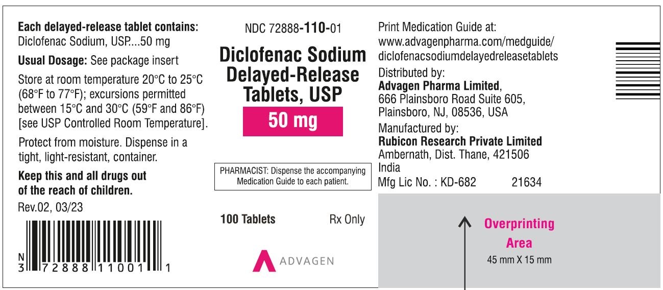 Diclofenac Sodium DR Tablets 50mg - NDC 72888-110-01 - 100 Tablets Label