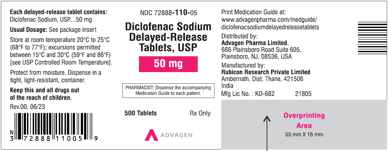 Diclofenac Sodium DR Tablets 50mg - NDC 72888-110-05 - 500 Tablets Label