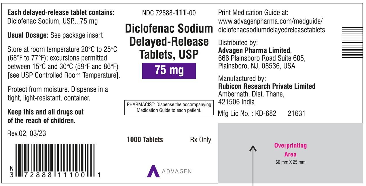 Diclofenac Sodium DR Tablets 75mg - NDC 72888-111-00 - 1000 Tablets Label