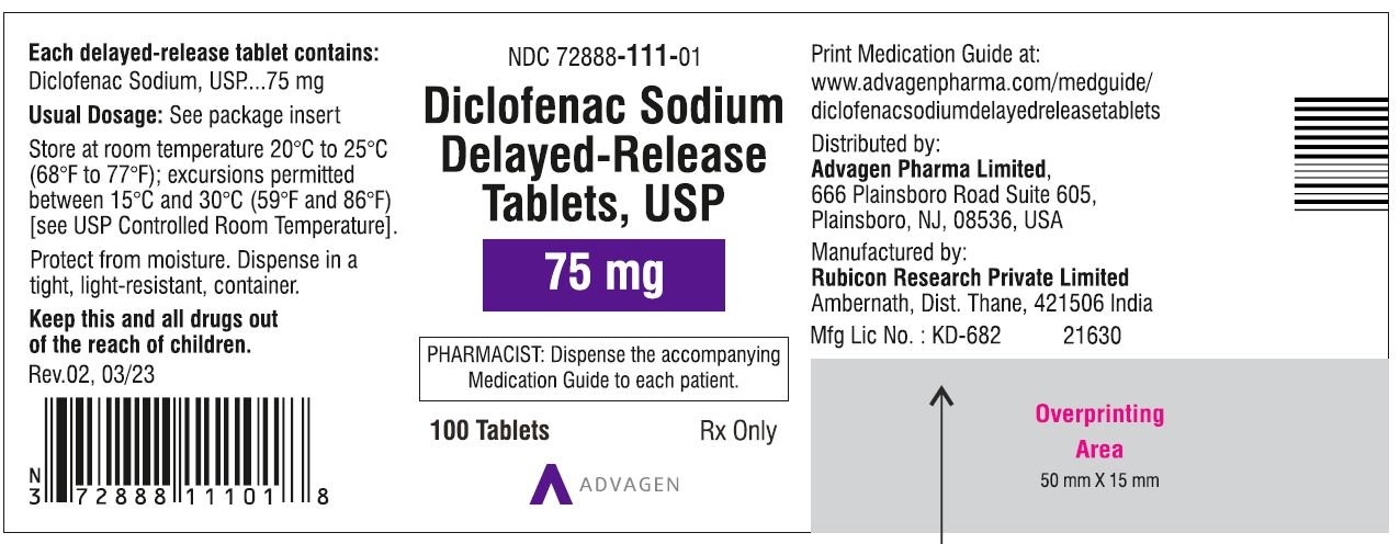 Diclofenac Sodium DR Tablets 75mg - NDC 72888-111-01 - 100 Tablets Label