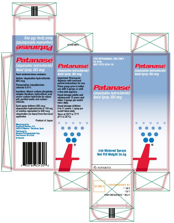 PRINCIPAL DISPLAY PANEL
							FOR INTRANASAL USE ONLY
							Rx Only
							NDC 0078-0834-30
							Patanase®
							(olopatadine hydrochloride)
							Nasal Spray, 665 mcg
							240 Metered Sprays Net Fill Weight 30.5g
							NOVARTIS
							