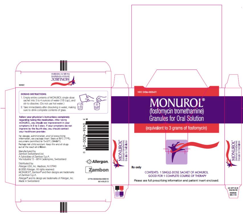 NDC 0456-4300-01
MONUROL®
(fosfomycin tromethamine)
Granules for Oral Solution
(equivalent to 3 grams of fosfomycin)
CONTENTS: 1 SINGLE-DOSE SACHET OF MONUROL
GOOD FOR 1 COMPLETE COURSE OF THERAPY
