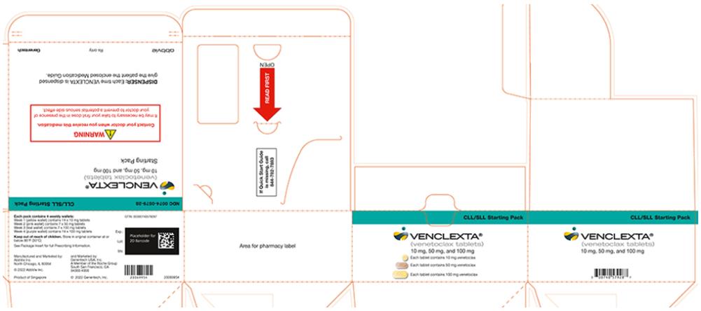 NDC 0074-0579-28 
CLL/SLL Starting Pack 
VENCLEXTA® 
(venetoclax tablets) 
10 mg, 50 mg, and 100 mg 
Starting Pack 
! WARNING
Contact your doctor when you receive this medication.
It may be necessary to take your first dose in the presence of your doctor to prevent a potential serious side effect. 
DISPENSER: Each time VENCLEXTA is dispensed give the patient the enclosed Medication Guide. 
abbvie 
Rx only 
Genentech 
