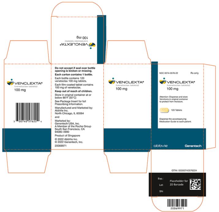 NDC 0074-0576-22 
Rx only 
VENCLEXTA® 
(venetoclax tablets) 
100 mg 
Attention: Dispense and store Venclexta in original container to protect from moisture.
120 Tablets 
Dispense the accompanying Medication Guide to each patient. 
abbvie 
Genetech 
