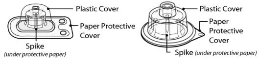 The SEVENFACT 1 mg vial adapter and SEVENFACT 5 mg vial adapter each contain a plastic cover, paper protective cover, and spike (under protective paper).