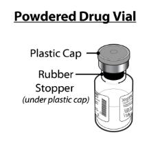 The syringe plunger rod has a wide top end and threaded end. The pre-filled syringe with Water for Injection diluent has a plastic backstop, rubber stopper, syringe tip (luer lock top under syringe ca
