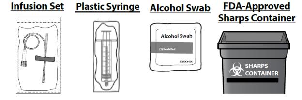 An Infusion Set, Plastic Syringe, Alcohol Swab, and FDA-Approved Sharps Container.