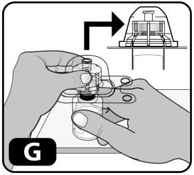 Firmly press down so the vial adapter spike breaks through the rubber stopper (you may hear/see it "snap" into place) (Figure G).