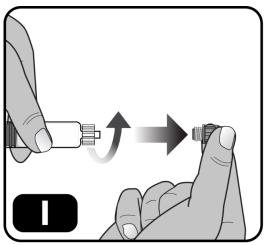 While holding the edges of the vial adapter, screw on the pre-filled syringe (turn to the right) a few turns until it starts to tighten (Figure J).
