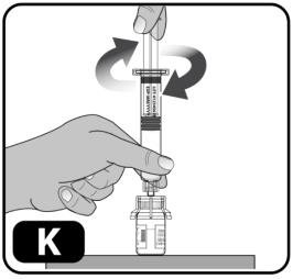 Insert the plunger rod into the syringe, then screw a few turns (turn to the right) so that the plunger rod is attached to the gray rubber stopper in the syringe (Figure K).