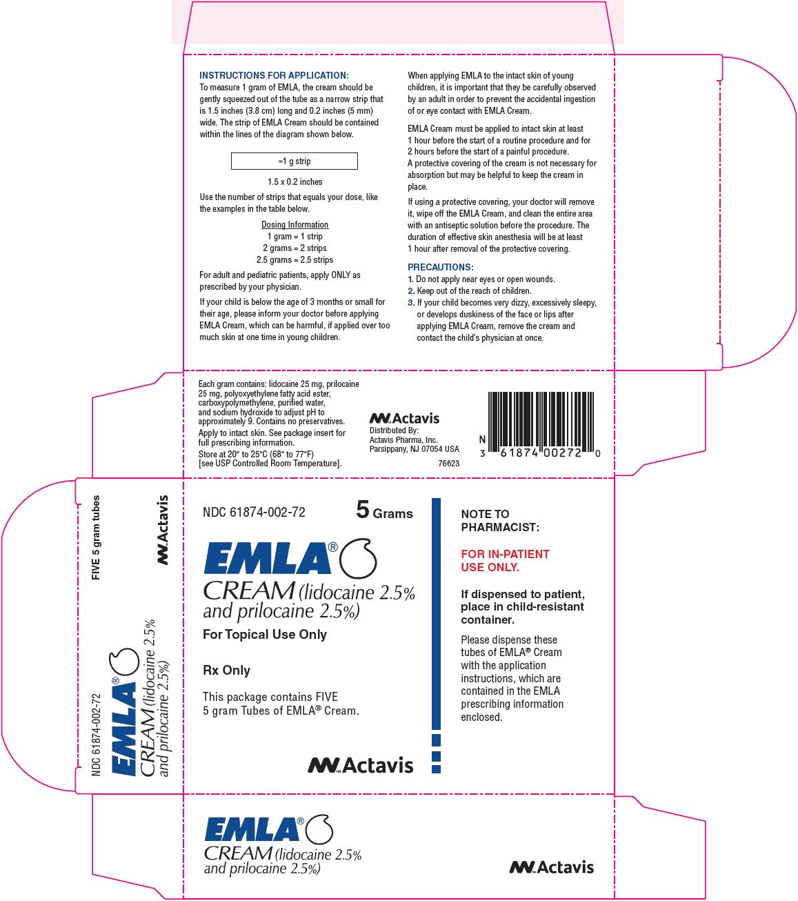 NDC 61874-002-72 5 Grams EMLA® CREAM (lidocaine 2.5% and prilocaine 2.5%) For Topical Use Only Rx only