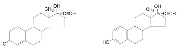 norethindrone and ethinyl estradiol structural formulas