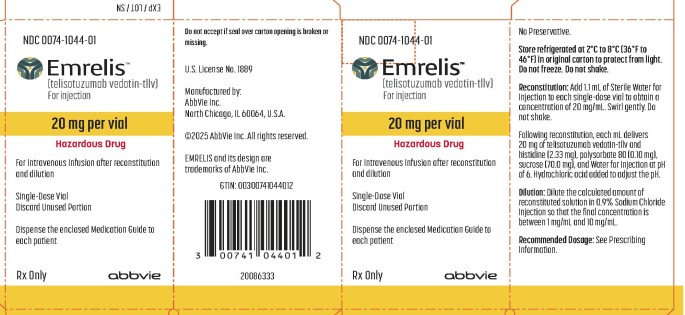 PRINCIPAL DISPLAY PANEL
NDC 0074-1044-01
Emrelis™
(telisotuzumab vedotin-tllv)
For Injection
20 mg per vial
Hazardous Drug
For Intravenous Infusion after reconstitution
and dilution
Single-Dose Vial
Discard Unused Portion
Dispense the enclosed Medication Guide to 
each patient
Rx Only
abbvie

