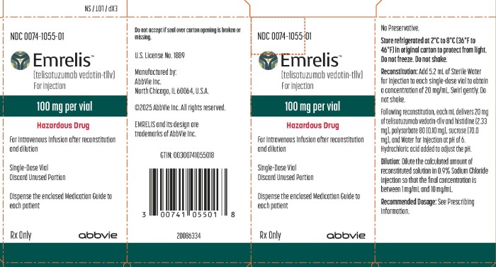 PRINCIPAL DISPLAY PANEL
NDC 0074-1055-01
Emrelis™
(telisotuzumab vedotin-tllv)
For Injection
100 mg per vial
Hazardous Drug
For Intravenous Infusion after reconstitution
and dilution
Single-Dose Vial
Discard Unused Portion
Dispense the enclosed Medication Guide to 
each patient
Rx Only
abbvie

