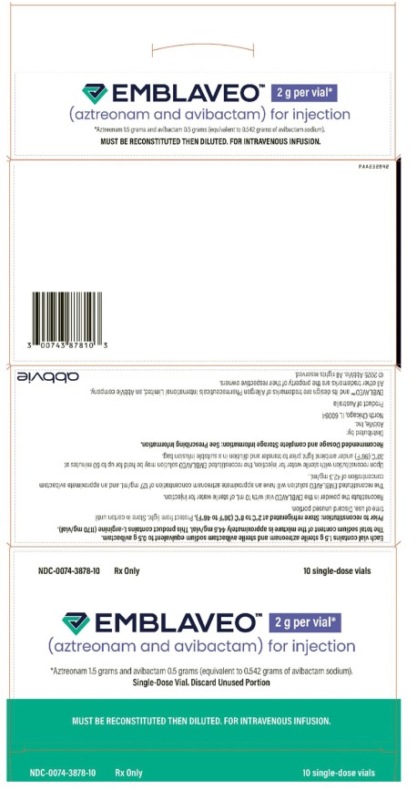 Principal Display Panel
NDC 0074-3878-10
Rx Only 
10 single-dose vials
Emblaveo™ 2g per vial*
(aztreonam and avibactam) for injection
*Aztreonam 1.5 grams and avibactam 0.5 grams (equivalent to 0.542 grams of avibactam sodium).
Single-Dose Vial. Discard Unused Portion
MUST BE RECONSTITUTED THEN DILUTED. FOR INTRAVENOUS INFUSION.
