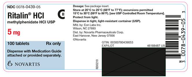 PRINCIPAL DISPLAY PANEL          NDC 0078-0439-05          Ritalin® HCL          methylphenidate HCL USP          5 mg          100 tablets          Rx only          Dispense with Medication Guide attached or provided separately.          NOVARTIS