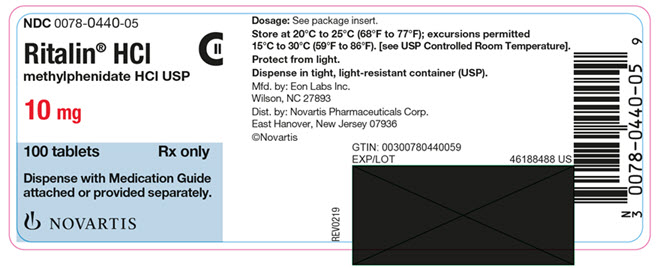 PRINCIPAL DISPLAY PANEL          NDC 0078-0440-05          Ritalin® HCL          methylphenidate HCL USP          10 mg          100 tablets          Rx only          Dispense with Medication Guide attached or provided separately.          NOVARTIS