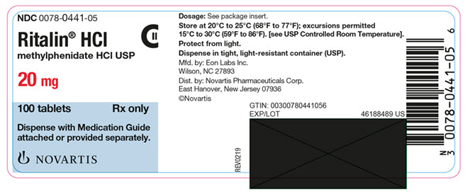 PRINCIPAL DISPLAY PANEL          NDC 0078-0441-05          Ritalin® HCL          methylphenidate HCL USP          20 mg          100 tablets          Rx only          Dispense with Medication Guide attached or provided separately.          NOVARTIS        