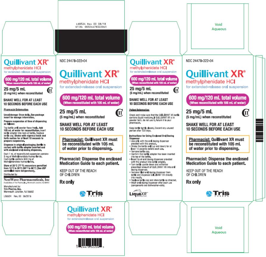 PRINICPAL DISPLAY PANEL NDC 24478-322-04 QUILLIVANT XR® methylphenidate HCI for extended-release oral suspension 600 mg/ 120 mL total volume (When reconstituted with 105 mL of water) 25 mg/5 mL (5 mg/mL) When reconstituted Rx Only