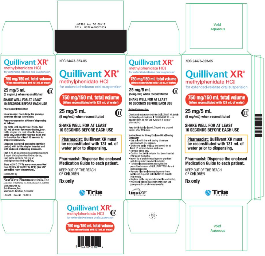 PRINICPAL DISPLAY PANEL NDC 24478-323-05 QUILLIVANT XR® methylphenidate HCI for extended-release oral suspension 750 mg/ 150 mL total volume (When reconstituted with 131 mL of water) 25 mg/5 mL (5 mg/mL) When reconstituted Rx Only