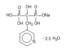  The chemical structure for Risedronate is a pyridinyl bisphosphonate that inhibits osteoclast-mediated bone resorption and modulates bone metabolism. Each Atelvia tablet for oral administration contains the equivalent of 35 mg of anhydrous risedronate sodium in the form of the hemi-pentahydrate with small amounts of monohydrate. The empirical formula for risedronate sodium hemi-pentahydrate is C7H10NO7P2Na •2.5 H2O. The chemical name of risedronate sodium is [1-hydroxy-2-(3-pyridinyl)ethylidene]bis[phosphonic acid] monosodium salt.