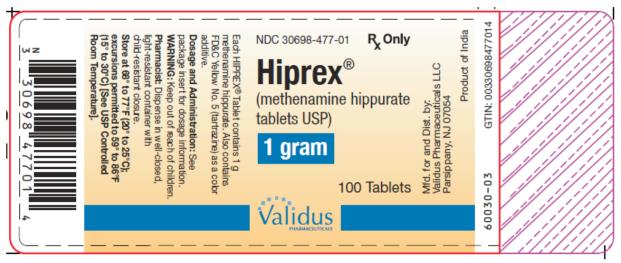 PRINCIPAL DISPLAY PANEL
NDC 30698-477-01
Hiprex®
(methenamine hippurate
Tablets USP)
1 gram
100 Tablets
Rx Only
