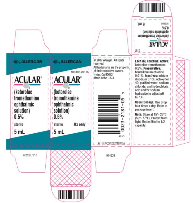 ALLERGAN 
NDC 0023-2181-05 
ACULAR® 
(ketorolac 
tromethamine 
ophthalmic 
solution) 
0.5% 
sterile Rx only 
5 mL
