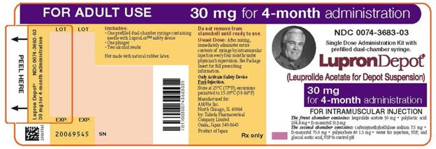 NDC 0074-3683-03 
FOR ADULT USE 
30 mg for 4-month administration 
Single Dose Administration Kit with prefilled dual-chamber syringe. 
LupronDepot®
(Leuprolide Acetate for Depot Suspension) 
30 mg for 4-month administration 
FOR INTRAMUSCULAR INJECTION 
The front chamber contains: leuprolide acetate 30 mg 
• polylactic acid 264.8 mg • D-mannitol 51.9 mg 
The second chamber contains: carboxymethylcellulose sodium 7.5 mg 
• D-mannitol 75.0 mg • polysorbate 80 1.5 mg • water for injection, USP, 
and glacial acetic acid, USP to control pH 
Rx only 
