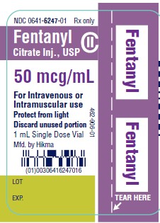 NDC 0641-6247-01 Rx only Fentanyl Citrate Inj., USP CII 50 mcg/mL For Intravenous or Intramuscular use Protect from light Discard unused portion 1 mL Single Dose Vial