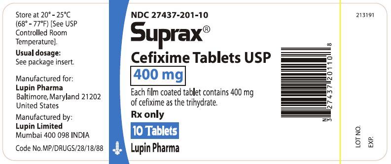 SUPRAX CEFIXIME TABLETS USP
400 mg
Rx only
NDC 27437-201-10 - 10 Tablets Bottle Pack