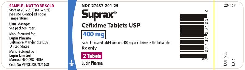 SUPRAX CEFIXIME TABLETS USP
400 mg
Rx only
NDC 27437-201-25: Bottle of 2 tablets [Physician Sample Pack]