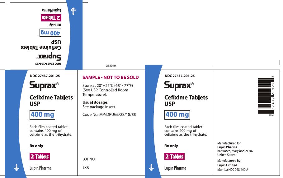 SUPRAX CEFIXIME TABLETS USP
400 mg
Rx only
NDC 27437-201-25: Carton for 2 Tablets [Physician Sample Pack]