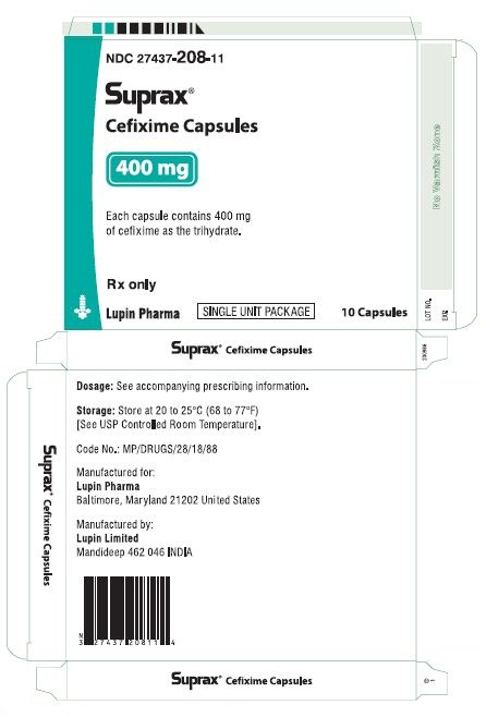 SUPRAX CEFIXIME CAPSULES
400 mg
Rx only
NDC 27437-208-11: Unit Dose Package of 10 (1 Blister of 10 capsules)