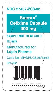 SUPRAX CEFIXIME CAPSULES
400 mg
Rx only
NDC 27437-208-02: Single Dose Package of 1 (Blister of 1 Capsule)