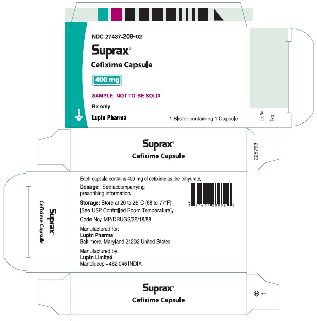 SUPRAX CEFIXIME CAPSULES
400 mg
Rx only
NDC 27437-208-08: Bottle of 50 Capsules
NDC 27437-208-02: Single Dose Package of 1 (Blister of 1 Capsule)