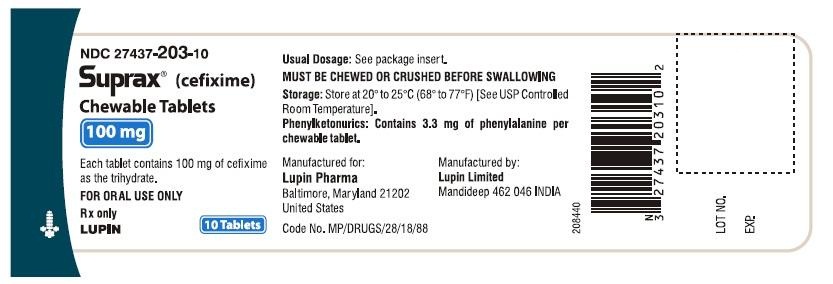 SUPRAX CEFIXIME CHEWABLE TABLETS
100 mg
Rx only
NDC 27437-203-10: Bottle of 10 tablets