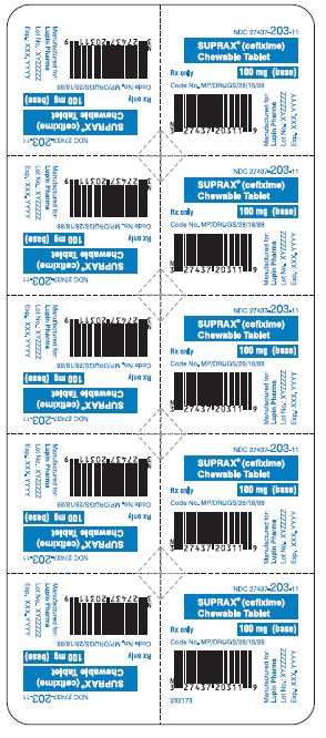 SUPRAX CEFIXIME CHEWABLE TABLETS
100 mg
Rx only
NDC 27437-203-11: Unit Dose Package of 10 (1 blister of 10 tablets)