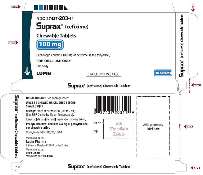 SUPRAX CEFIXIME CHEWABLE TABLETS
100 mg
Rx only
NDC 27437-203-11: Unit Dose Package of 10 (1 blister of 10 tablets)