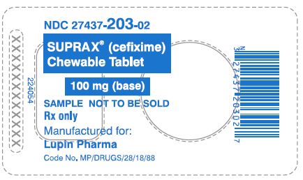 SUPRAX CEFIXIME CHEWABLE TABLETS
100 mg
Rx only
NDC 27437-203-02: Unit Dose Package of 1 (1 Blister of 1 Tablet)