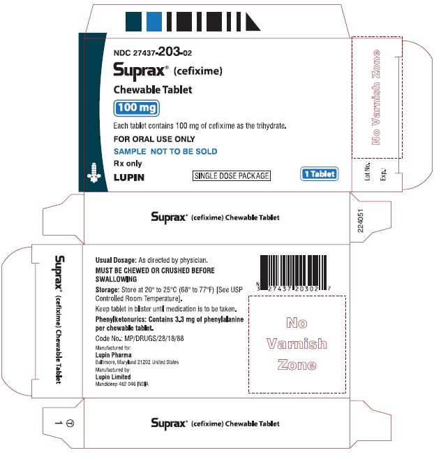 SUPRAX CEFIXIME CHEWABLE TABLETS
100 mg
Rx only
NDC 27437-203-02: Unit Dose Package of 1 (1 Blister of 1 Tablet)