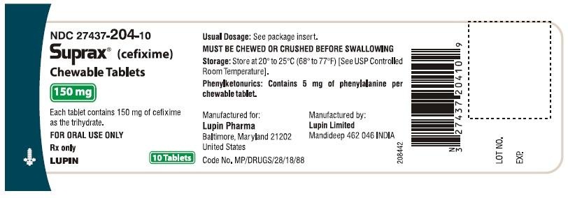 SUPRAX CEFIXIME CHEWABLE TABLETS
150 mg
Rx only
NDC 27437-204-10: Bottle of 10 tablets