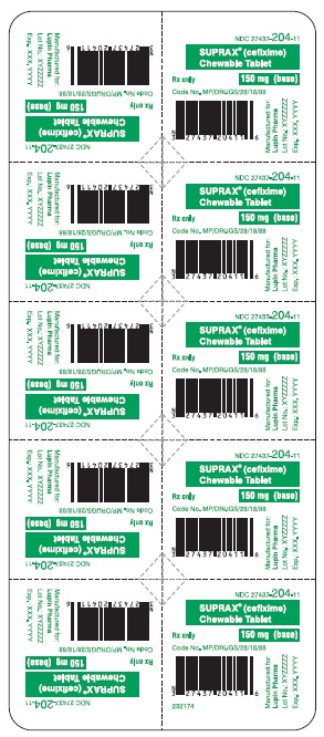 SUPRAX CEFIXIME CHEWABLE TABLETS
150 mg
Rx only
NDC 27437-204-11: Unit Dose Package of 10 (1 blister of 10 tablets)