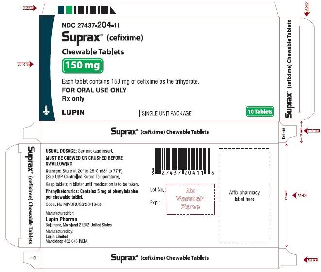 SUPRAX CEFIXIME CHEWABLE TABLETS
150 mg
Rx only
NDC 27437-204-11: Unit Dose Package of 10 (1 blister of 10 tablets)