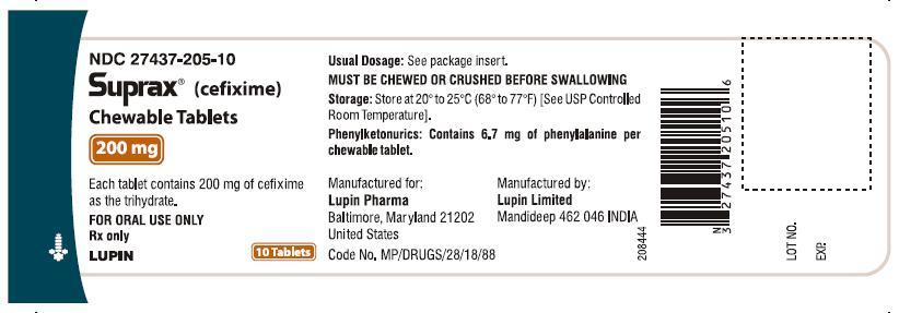 SUPRAX CEFIXIME CHEWABLE TABLETS
200 mg
Rx only
NDC 27437-205-10: Bottle of 10 tablets