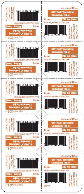 SUPRAX CEFIXIME CHEWABLE TABLETS
200 mg
Rx only
NDC 27437-205-11: Unit Dose Package of 10 (1 blister of 10 tablets)