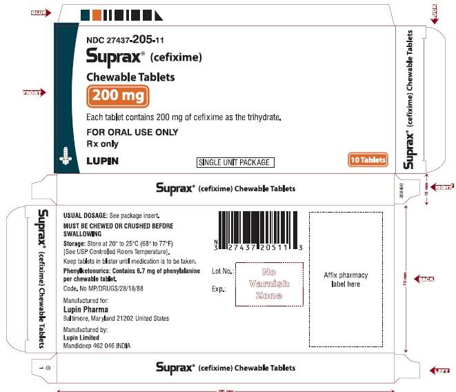 SUPRAX CEFIXIME CHEWABLE TABLETS
200 mg
Rx only
NDC 27437-205-11: Unit Dose Package of 10 (1 blister of 10 tablets)