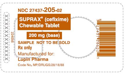 SUPRAX CEFIXIME CHEWABLE TABLETS
200 mg
Rx only
NDC 27437-205-02: Single Dose Package (Blister of 1 Tablet)