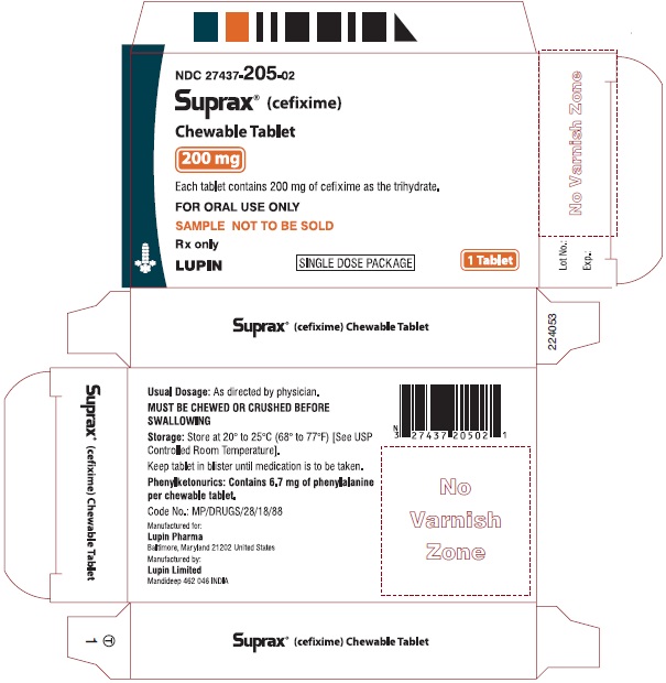 SUPRAX CEFIXIME CHEWABLE TABLETS
200 mg
Rx only
NDC 27437-205-02: Single Dose Package (Blister of 1 Tablet)