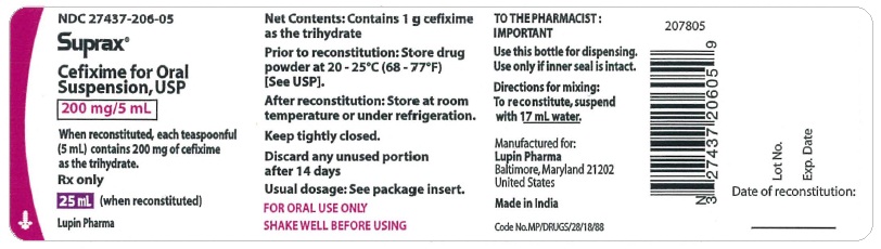 SUPRAX CEFIXIME FOR ORAL SUSPENSION USP
200 mg/5 mL
Rx only
NDC 27437-206-05: Bottle of 25 mL